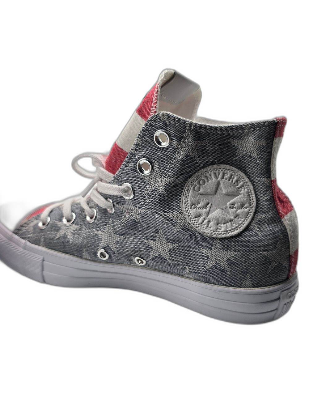 Converse Women 7 Men 5 High Top Sneakers in Red, White & Gray Stars And Stripes - Picture 4 of 8